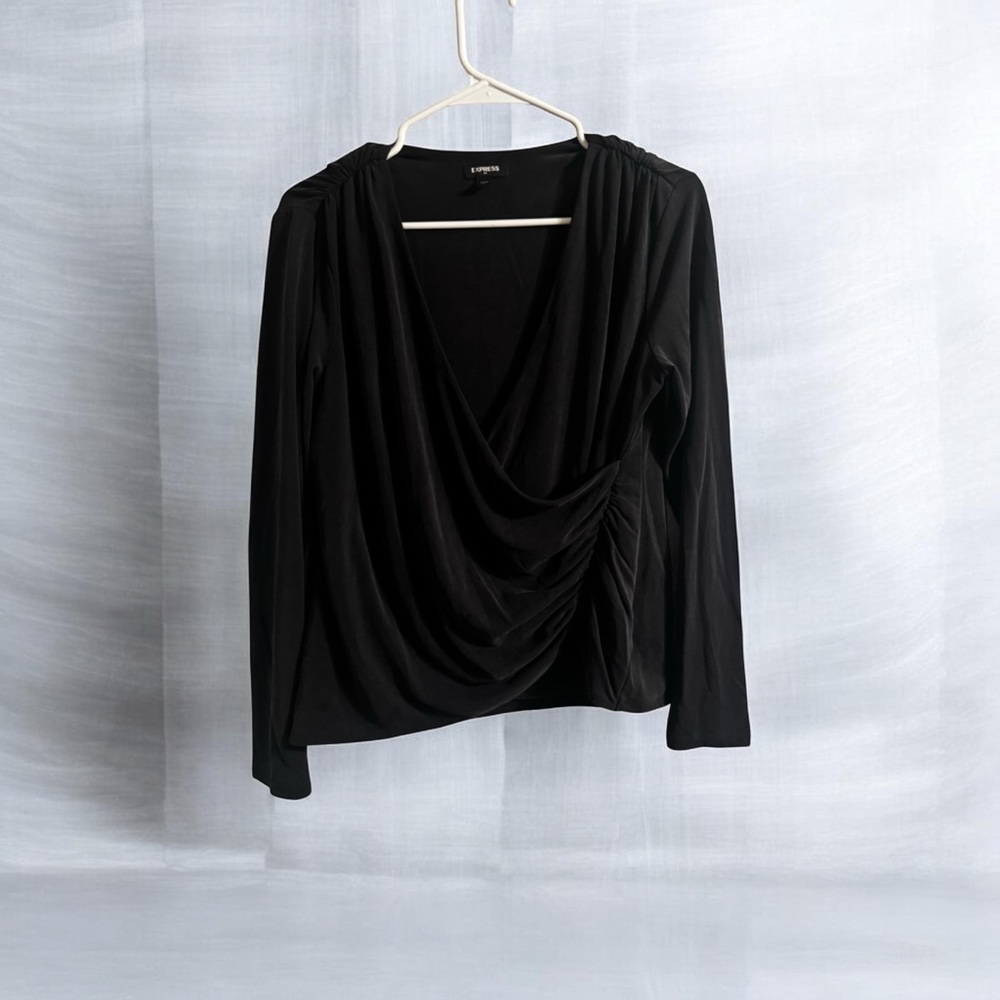 Express Black Ruched Wrap-Front Long-Sleeve Blouse - Picture 2 of 4